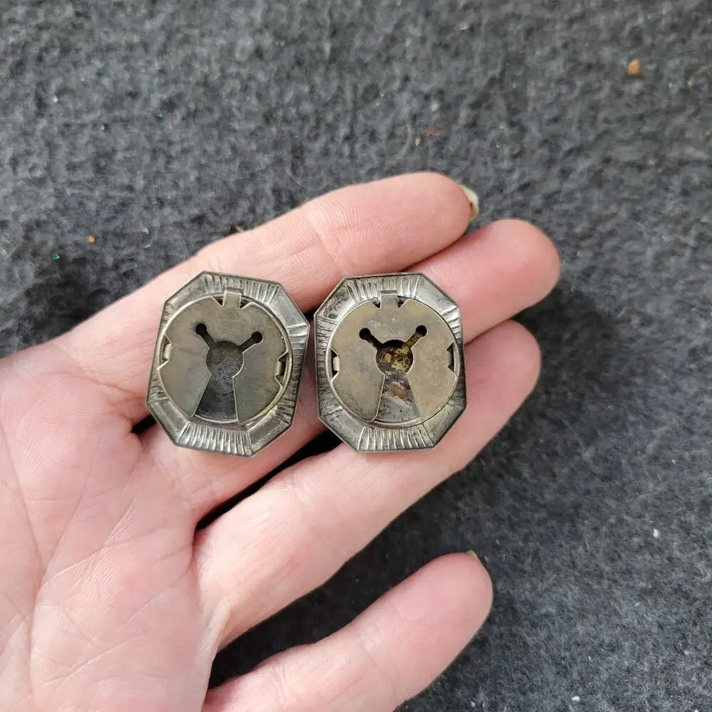 Vintage Art Deco Cufflinks Silver‎ Tone Black Enamel Glass Centerpiece Geometric